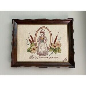1980s VTG Thanksgiving Harvest Fall Handmade Embroidered Art Piece Wooden Frame